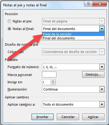 insertar una nota al pie al final de la página