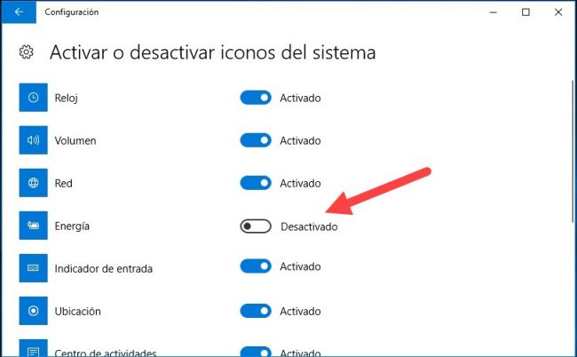 como mostrar icono bateria windows 10