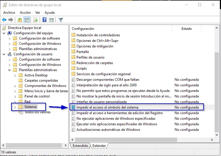 impedir el acceso al simbolo del sistema
