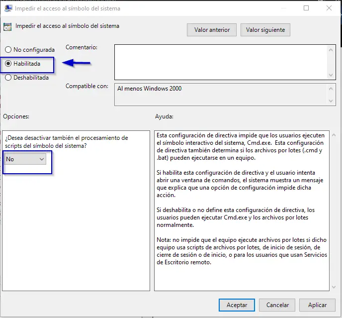 impedir acceso habilitado