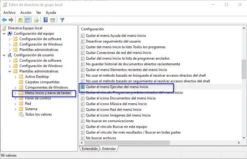 quitar menu ejecutar del inicio